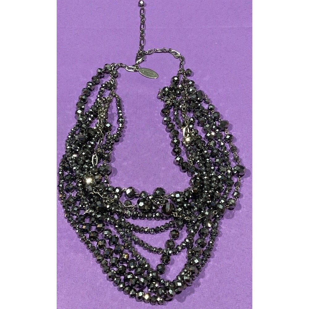 Chicos Multi Strand Faceted Glass Bead Statement Necklace Gray Gunmetal Metallic